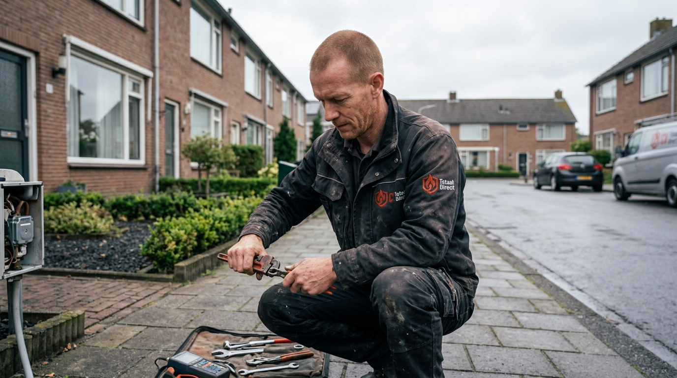 Monteur werkt nauwkeurig met professioneel gereedschap aan een CV-installatie